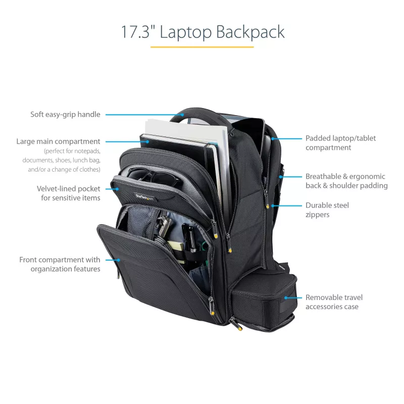 StarTech.com 17.3 inch Laptop Backpack with Removable Accessory Organizer Case - Professional IT Tech Backpack for Work/Travel/Commute - Ergonomic Computer Bag - Durable Ballistic Nylon - Notebook/Tablet Pockets