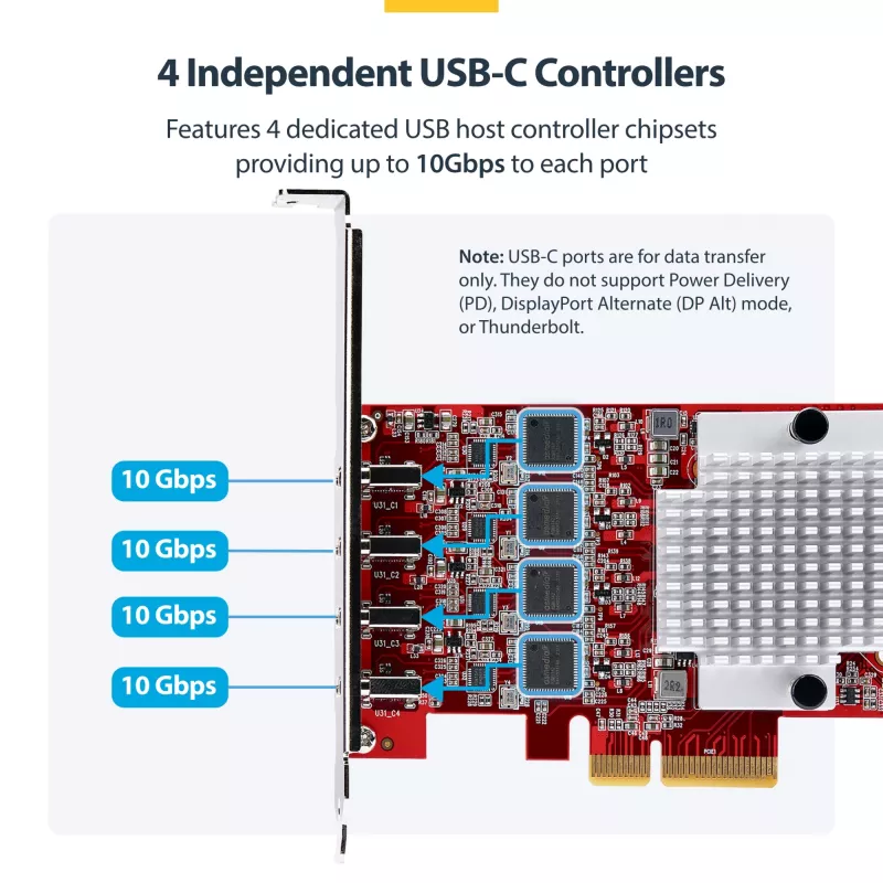 StarTech.com 4-Port USB Type-C PCIe Card, USB 3.2 10Gbps, USB-C PCI Express Expansion Card, 4x Independent USB Controllers, Windows/Linux/macOS, TAA-Compliant