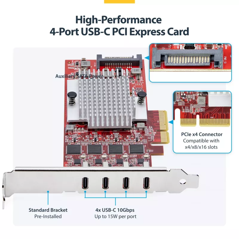 StarTech.com 4-Port USB Type-C PCIe Card, USB 3.2 10Gbps, USB-C PCI Express Expansion Card, 4x Independent USB Controllers, Windows/Linux/macOS, TAA-Compliant