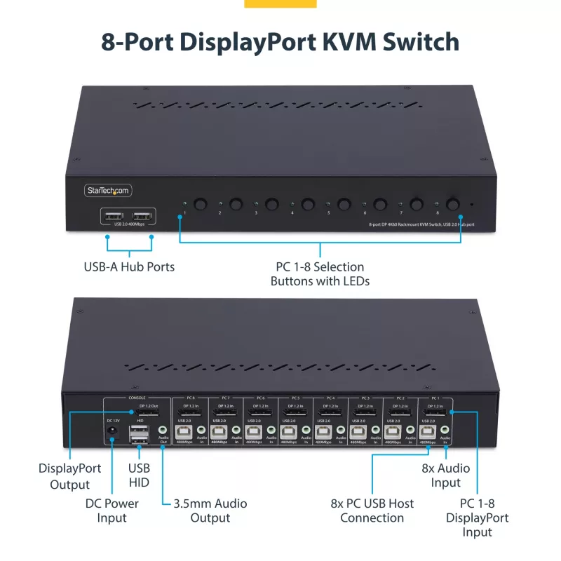 StarTech.com 8-Port DisplayPort KVM Switch with 1U Rack Mount Kit, 4K 60Hz DP 1.2, Push-Button & Hotkey Switching, 4-Port USB Hub, OS Independent, TAA Compliant