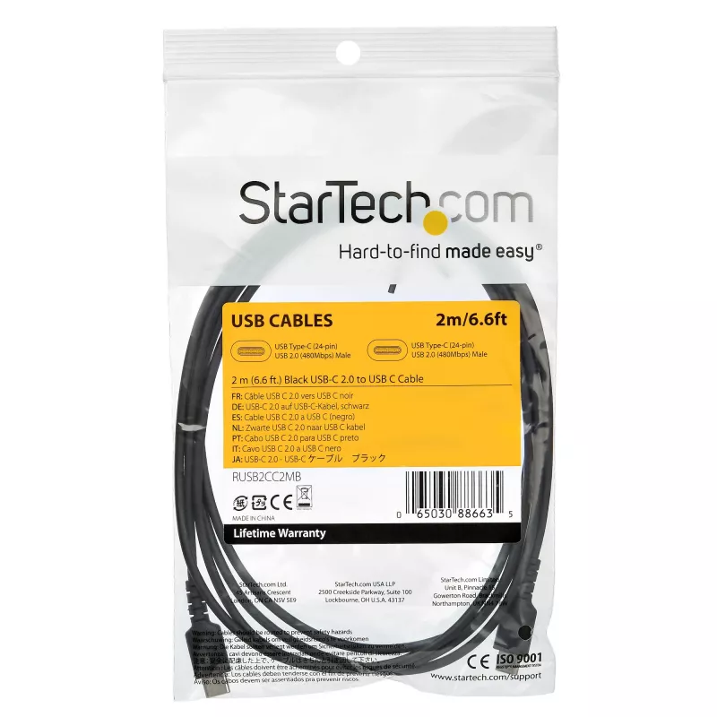 StarTech.com 2m USB C Charging Cable - Durable Fast Charge & Sync USB 2.0 Type C to USB C Laptop Charger Cord - TPE Jacket Aramid Fiber M/M 60W Black - Samsung S10 S20 iPad Pro MS Surface
