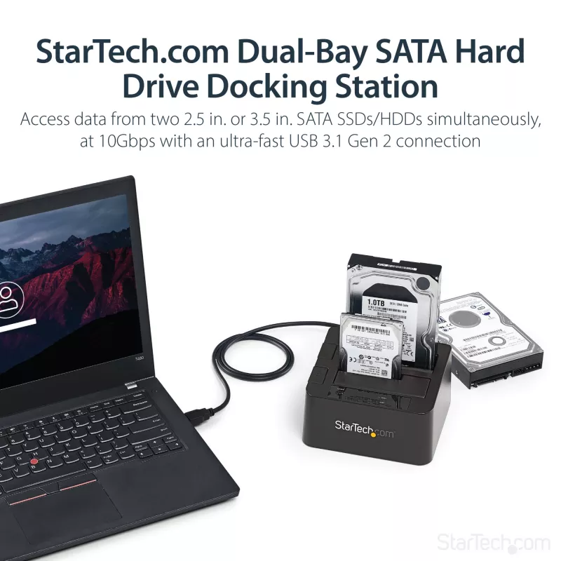 StarTech.com Dual-Bay USB 3.2 Gen 2 to SATA Hard Drive Docking Station, USB 10Gbps Hard Drive Dock, External 2.5/3.5 inch SATA I/II/III SSD/HDD Docking Station, Hot-Swap Hard Drive Bay, Top-Loading