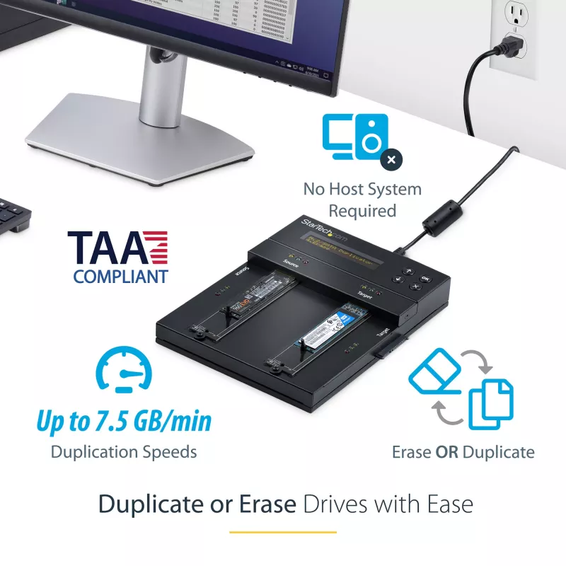 StarTech.com Standalone M.2 SATA & M.2 NVMe Duplicator and Eraser - HDD/SSD Cloner/Wiper for M.2 PCIe AHCI/NVMe, M.2 SATA, 2.5/3.5 inch SATA Drives - External Hard Drive Eraser/Duplicator, TAA