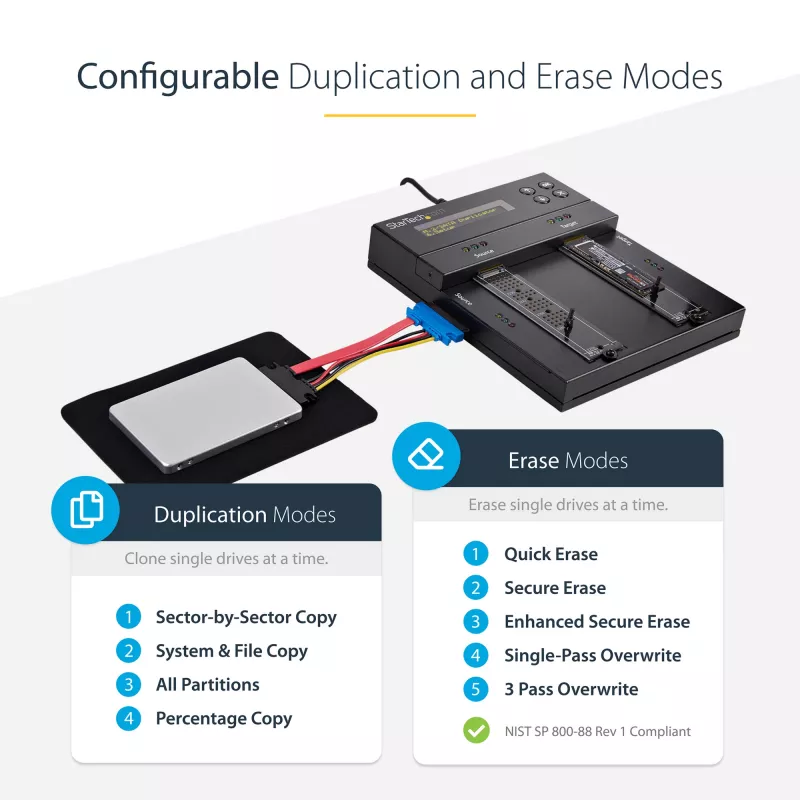 StarTech.com Standalone M.2 SATA & M.2 NVMe Duplicator and Eraser - HDD/SSD Cloner/Wiper for M.2 PCIe AHCI/NVMe, M.2 SATA, 2.5/3.5 inch SATA Drives - External Hard Drive Eraser/Duplicator, TAA
