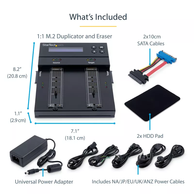 StarTech.com Standalone M.2 SATA & M.2 NVMe Duplicator and Eraser - HDD/SSD Cloner/Wiper for M.2 PCIe AHCI/NVMe, M.2 SATA, 2.5/3.5 inch SATA Drives - External Hard Drive Eraser/Duplicator, TAA