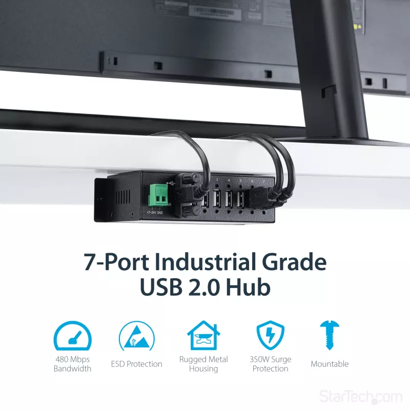 StarTech.com 7-Port USB 2.0 Hub - Metal Industrial USB-A Hub with ESD Protection & 350W Surge Protection - Din Rail, Wall or Desk Mountable - TAA Compliant USB Expander Hub