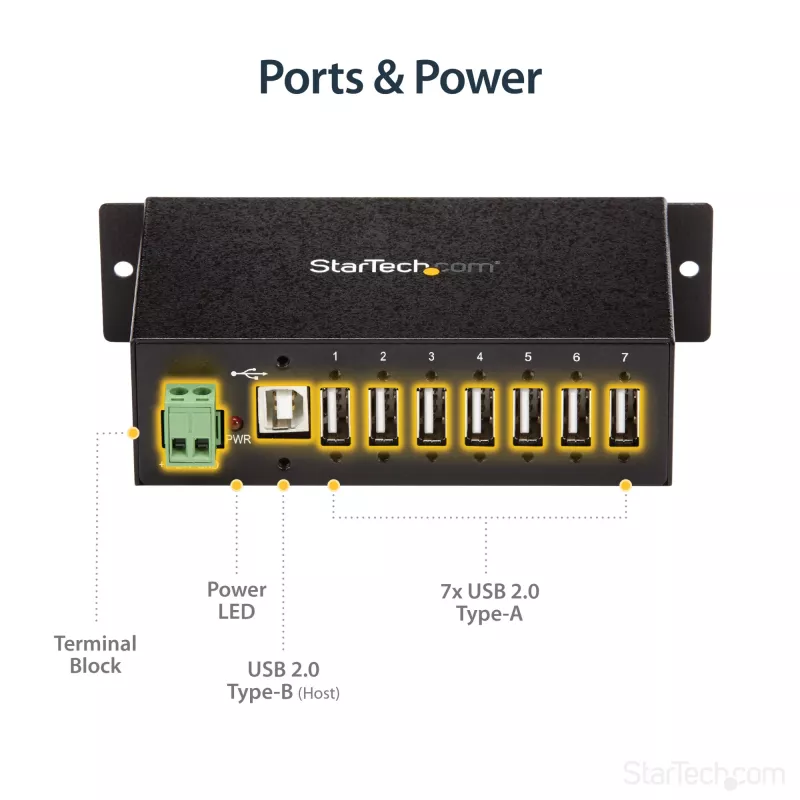 StarTech.com 7-Port USB 2.0 Hub - Metal Industrial USB-A Hub with ESD Protection & 350W Surge Protection - Din Rail, Wall or Desk Mountable - TAA Compliant USB Expander Hub