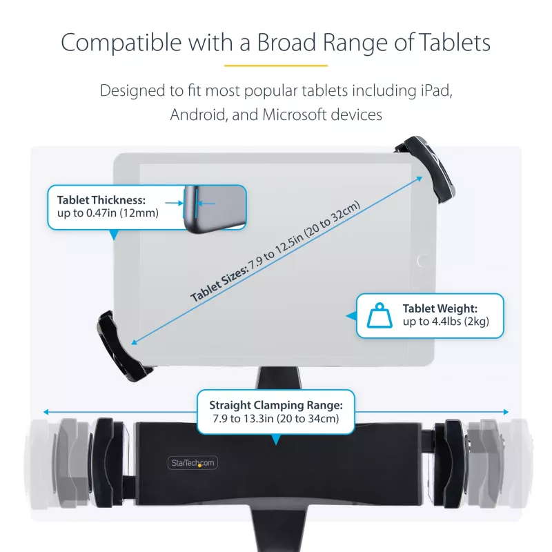 StarTech.com VESA Mount Adapter for Tablets 7.9 to 12.5in - Up to 2kg (4.4lb) - 75x75/100x100 VESA Patterns - Universal Anti-Theft Tablet VESA Mount Clamp - Secure Tablet Mount - Black