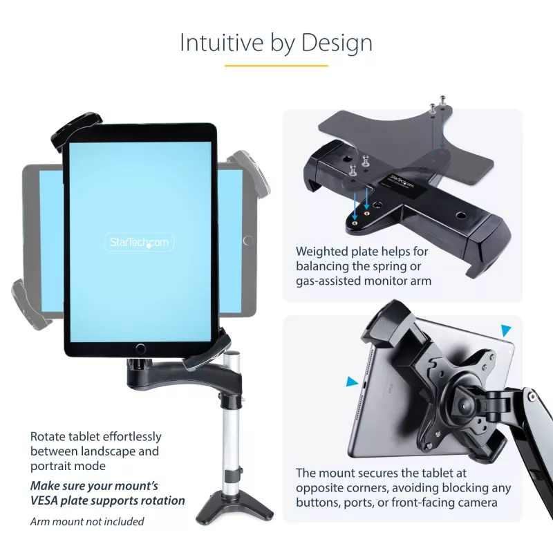 StarTech.com VESA Mount Adapter for Tablets 7.9 to 12.5in - Up to 2kg (4.4lb) - 75x75/100x100 VESA Patterns - Universal Anti-Theft Tablet VESA Mount Clamp - Secure Tablet Mount - Black