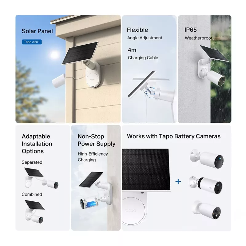 TP-Link Tapo Solar Panel SPEC: 5.2V 2.5W FEATURE: Type-C Charging Port, Non-Stop Power, Flexible Solar Installation, Works with Battery Camera, 4m Charging Cable(Total), Weatherproof (IP65)