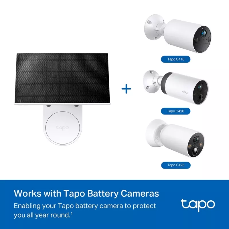 TP-Link Tapo Solar Panel SPEC: 5.2V 2.5W FEATURE: Type-C Charging Port, Non-Stop Power, Flexible Solar Installation, Works with Battery Camera, 4m Charging Cable(Total), Weatherproof (IP65)