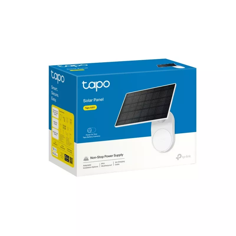 TP-Link Tapo Solar Panel SPEC: 5.2V 2.5W FEATURE: Type-C Charging Port, Non-Stop Power, Flexible Solar Installation, Works with Battery Camera, 4m Charging Cable(Total), Weatherproof (IP65)