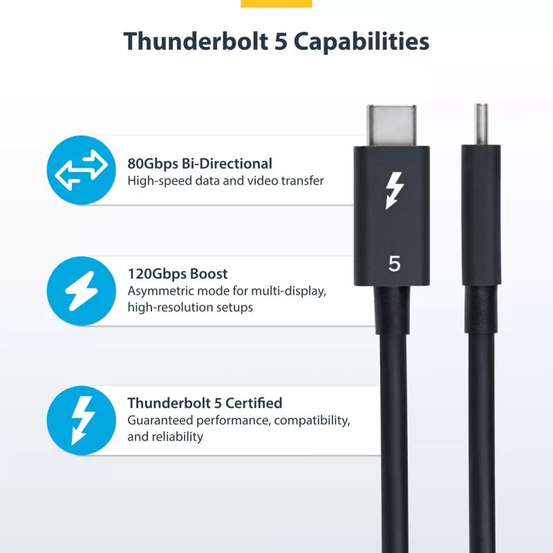 StarTech.com 3ft (1m) Thunderbolt 5 Cable, 80Gbps/Up to 120Gbps, 240W PD, 8K 60Hz, Certified Thunderbolt Cable - Compatible w/Thunderbolt 4/USB4/USB-C