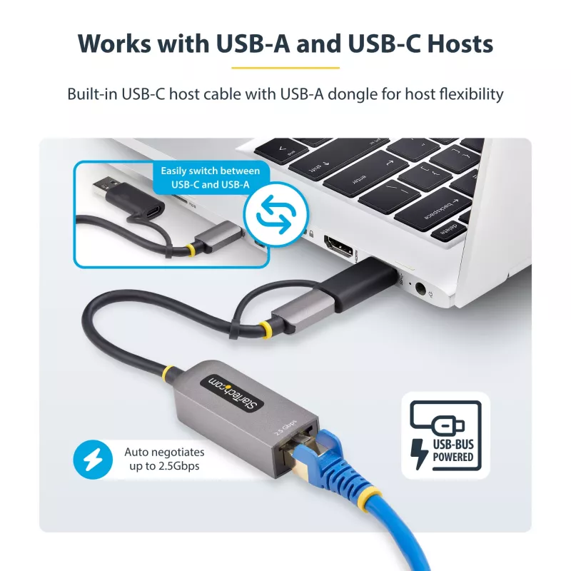 StarTech.com 2.5GbE USB-C to Ethernet Adapter with USB-A Converter, NBASE-T NIC, USB 3.0 Type-C 2.5/1G Multi Speed Network, Thunderbolt Compatible, Windows & Mac