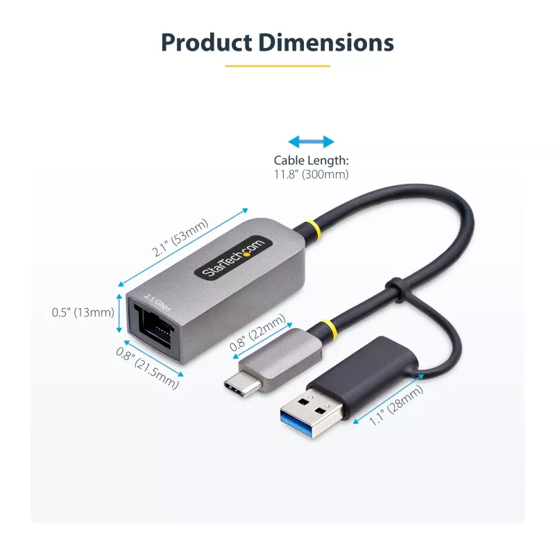StarTech.com 2.5GbE USB-C to Ethernet Adapter with USB-A Converter, NBASE-T NIC, USB 3.0 Type-C 2.5/1G Multi Speed Network, Thunderbolt Compatible, Windows & Mac