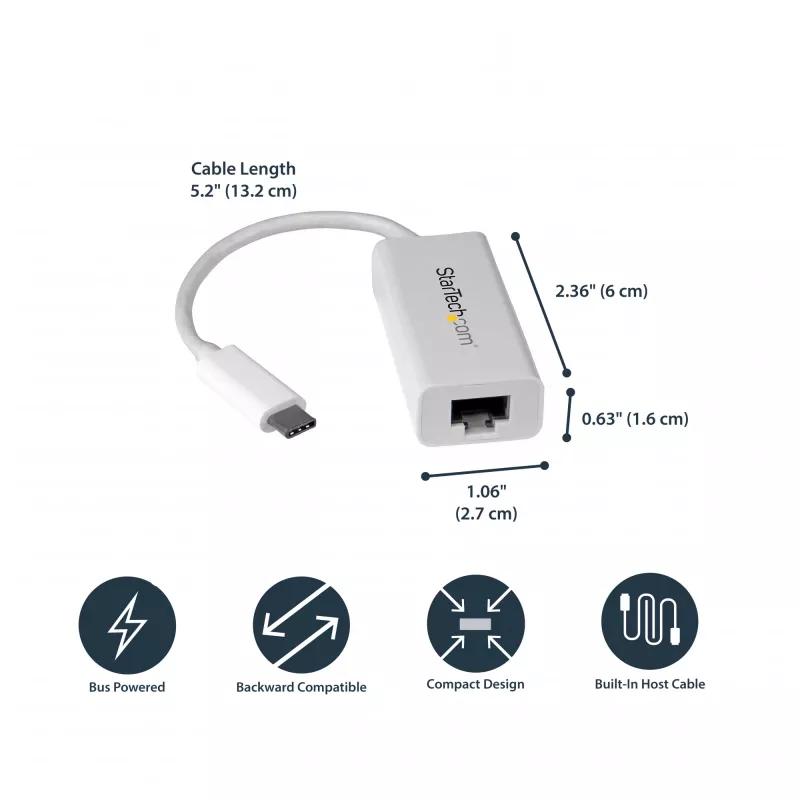 StarTech.com USB-C to Gigabit Network Adapter - White, Wired, USB Type-C, Ethernet, 5000 Mbit/s, White