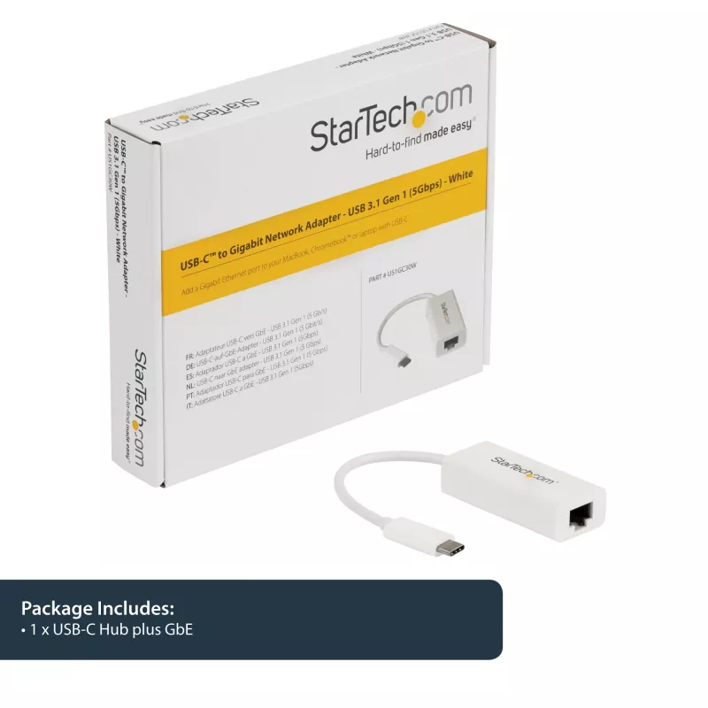 StarTech.com USB-C to Gigabit Network Adapter - White, Wired, USB Type-C, Ethernet, 5000 Mbit/s, White