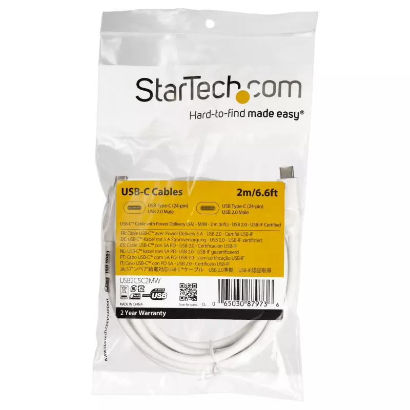 StarTech.com USB-C to USB-C Cable w/ 5A PD - M/M - White - 2 m (6 ft.) - USB 2.0 - USB-IF Certified