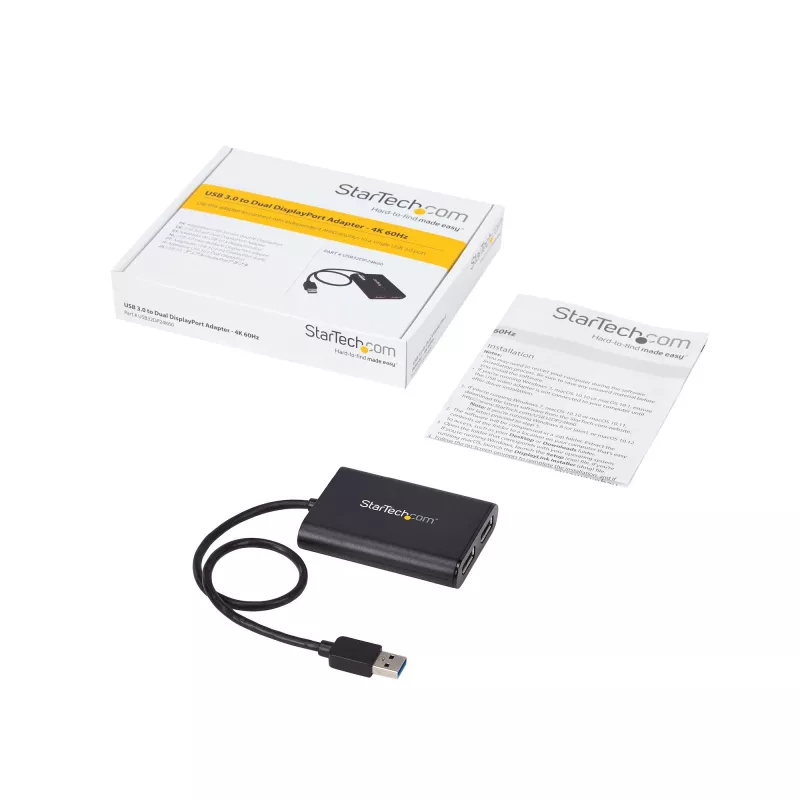 StarTech.com USB 3.0 to Dual DisplayPort Adapter - 4K 60Hz, 3.2 Gen 1 (3.1 Gen 1), USB Type-A, DisplayPort output, 4096 x 2160 pixels