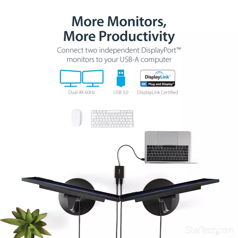 StarTech.com USB 3.0 to Dual DisplayPort Adapter - 4K 60Hz, 3.2 Gen 1 (3.1 Gen 1), USB Type-A, DisplayPort output, 4096 x 2160 pixels