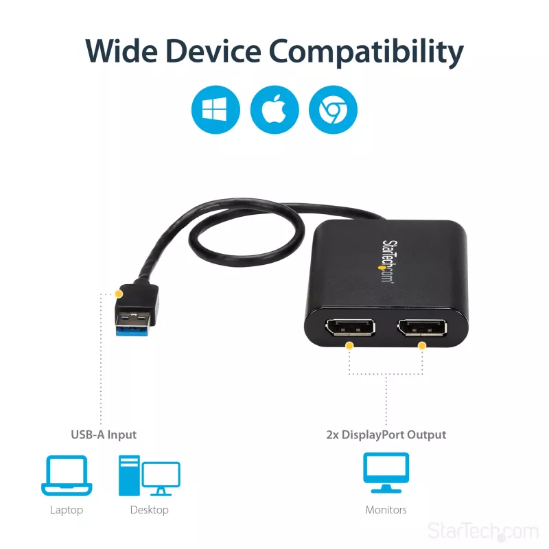 StarTech.com USB 3.0 to Dual DisplayPort Adapter - 4K 60Hz, 3.2 Gen 1 (3.1 Gen 1), USB Type-A, DisplayPort output, 4096 x 2160 pixels
