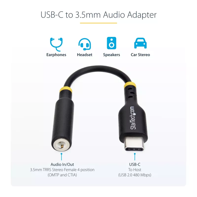 StarTech.com 5in (12.7cm) USB-C to 3.5mm TRRS Headphone/Headset Jack Audio Adapter, USB Type-C Aux Dongle, 32-bit DAC, Supports USB-C/Thunderbolt, Laptop/Phone/Tablet