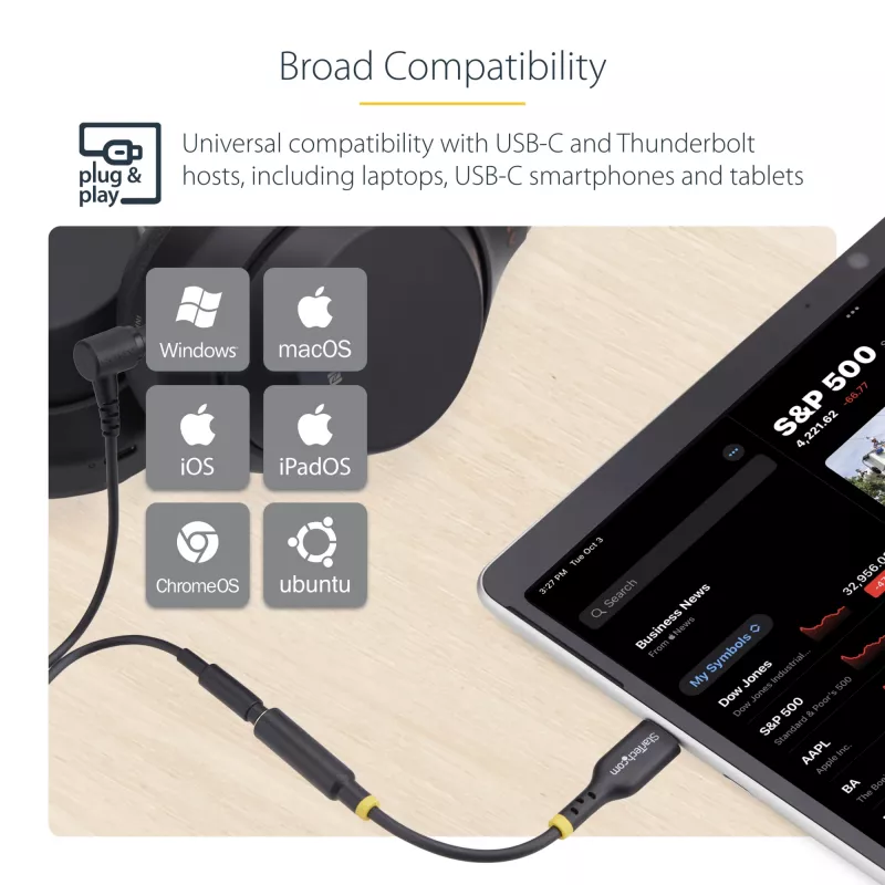 StarTech.com 5in (12.7cm) USB-C to 3.5mm TRRS Headphone/Headset Jack Audio Adapter, USB Type-C Aux Dongle, 32-bit DAC, Supports USB-C/Thunderbolt, Laptop/Phone/Tablet