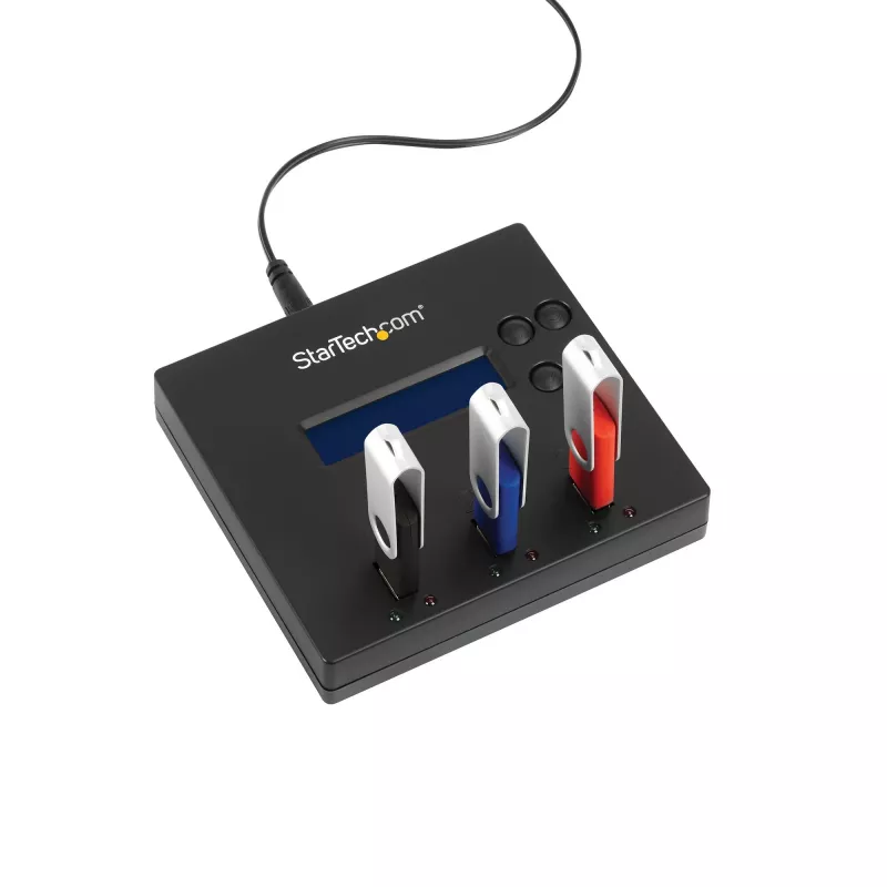 StarTech.com Standalone 1 to 2 USB Thumb Drive Duplicator and Eraser, Multiple USB Flash Drive Copier, System and File and Whole-Drive Copy at 1.5 GB/min, Single and 3-Pass Erase, LCD Display - TAA