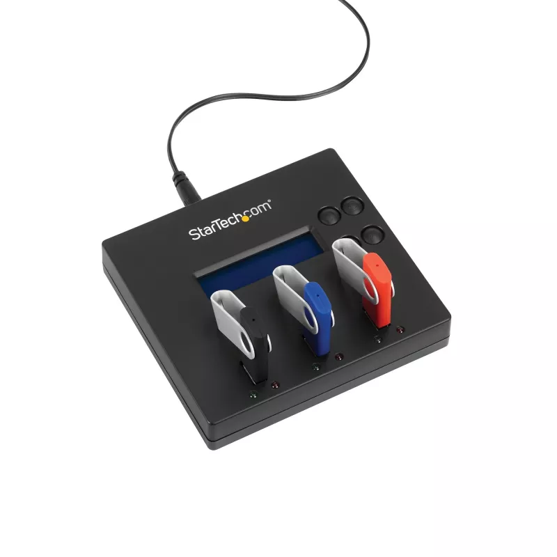StarTech.com Standalone 1 to 2 USB Thumb Drive Duplicator and Eraser, Multiple USB Flash Drive Copier, System and File and Whole-Drive Copy at 1.5 GB/min, Single and 3-Pass Erase, LCD Display - TAA