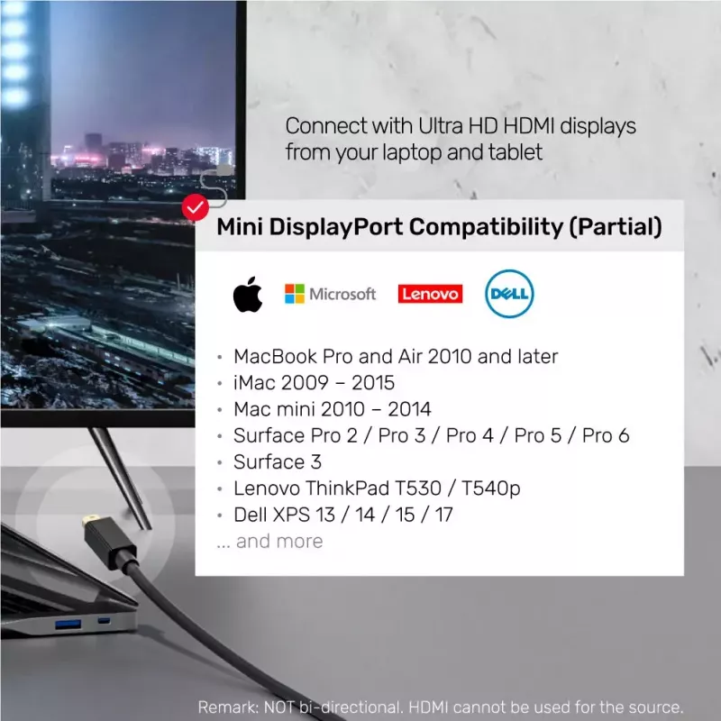 Video cable adapter Unitek Mini DisplayPort to HDMI 2 m, HDMI 1.4, 4K@30Hz, HDCP 2.0, gold-plated contacts, black