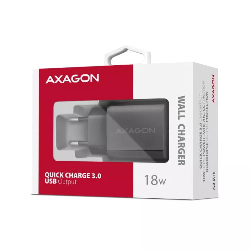 Axagon ACU-QC18 QC 3.0 1× OUTPUT wall charger 18W, Indoor, AC, Black