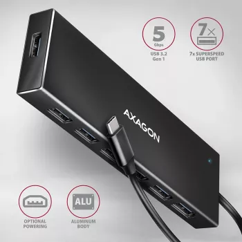 Axagon HUE-F7C 7x USB 3.2 Gen 1 ALU FLAT hub micro power IN 30cm USB-C USB 3.2 Gen 1 (3.1 Gen 1) Type-A 5000 Mbit/s Black