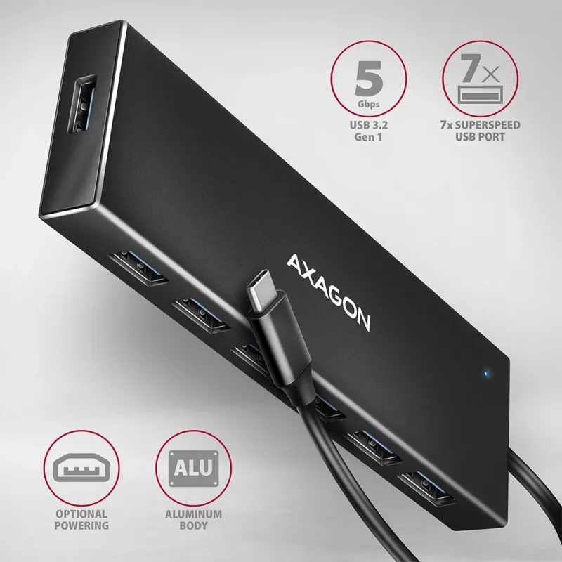 Axagon HUE-F7C 7x USB 3.2 Gen 1 ALU FLAT hub micro power IN 30cm USB-C USB 3.2 Gen 1 (3.1 Gen 1) Type-A 5000 Mbit/s Black