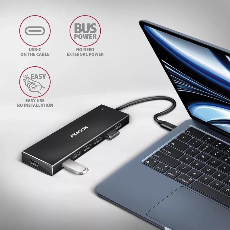 Axagon HUE-F7C 7x USB 3.2 Gen 1 ALU FLAT hub micro power IN 30cm USB-C USB 3.2 Gen 1 (3.1 Gen 1) Type-A 5000 Mbit/s Black