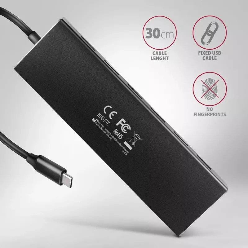 Axagon HUE-F7C 7x USB 3.2 Gen 1 ALU FLAT hub micro power IN 30cm USB-C USB 3.2 Gen 1 (3.1 Gen 1) Type-A 5000 Mbit/s Black