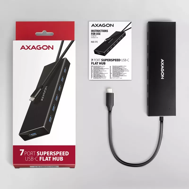 Axagon HUE-F7C 7x USB 3.2 Gen 1 ALU FLAT hub micro power IN 30cm USB-C USB 3.2 Gen 1 (3.1 Gen 1) Type-A 5000 Mbit/s Black