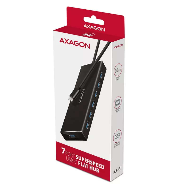 Axagon HUE-F7C 7x USB 3.2 Gen 1 ALU FLAT hub micro power IN 30cm USB-C USB 3.2 Gen 1 (3.1 Gen 1) Type-A 5000 Mbit/s Black