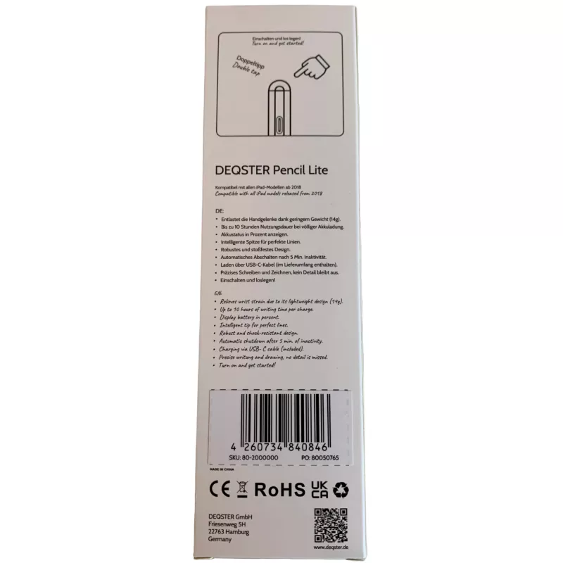 DEQSTER Pencil Lite, Tablet, Apple, White, iPads, Aluminium, Polyoxymethylene (POM), Built-in