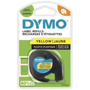 DYMO Branded LetraTag Plastic Labels | 12 mm x 4 m Roll | Black Print on Yellow | MultipurposeSelf-Adhesive Labels for LetraTag Label Makers