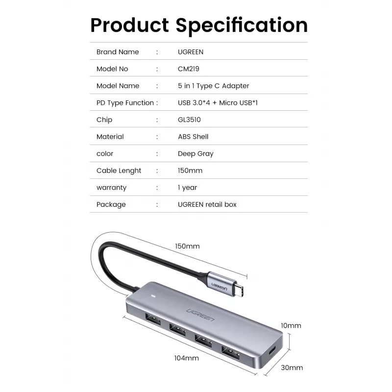 Ugreen 70336 interface hub USB 3.2 Gen 1 (3.1 Gen 1) Type-C 5000 Mbit/s