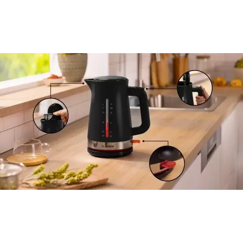 Electric kettle Bosch TWK4M223 1.7 L 2400 W, black, cordless, concealed heating element