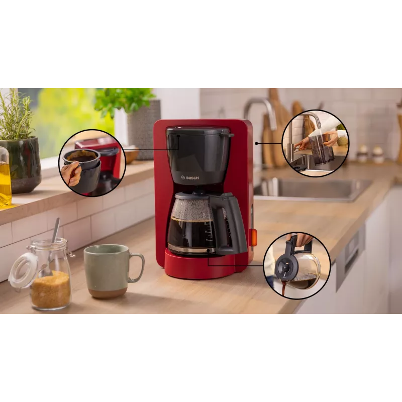 Drip coffee maker Bosch TKA3M134 — 1.4 L water tank, 15‑cup capacity, red