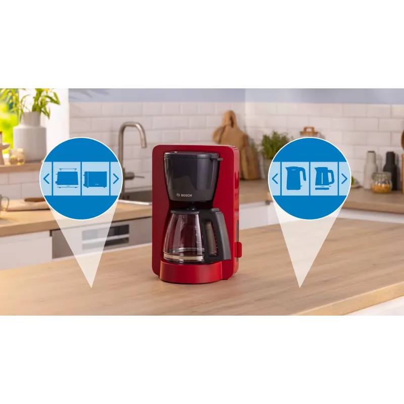 Drip coffee maker Bosch TKA3M134 — 1.4 L water tank, 15‑cup capacity, red