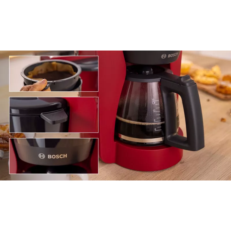 Drip coffee maker Bosch TKA3M134 — 1.4 L water tank, 15‑cup capacity, red