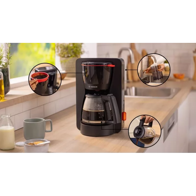 Drip coffee maker Bosch TKA3M133, 1.4 L water tank, 15-cup capacity, black