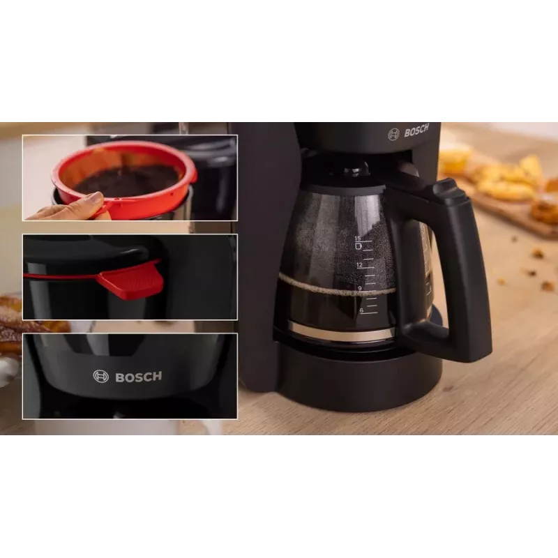 Drip coffee maker Bosch TKA3M133, 1.4 L water tank, 15-cup capacity, black