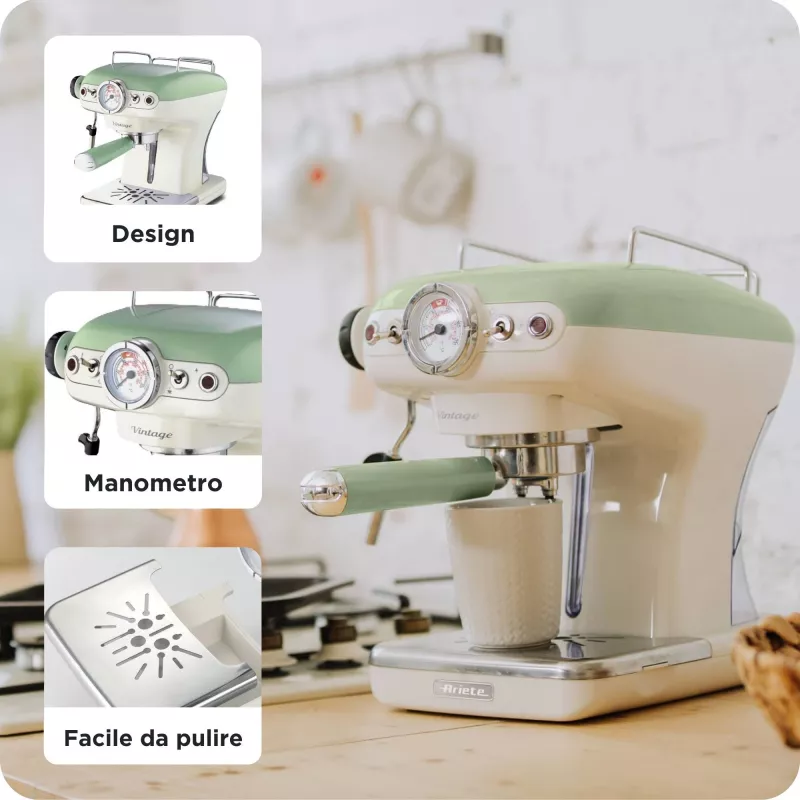 Ariete 1389 Vintage Espresso Coffee Machine - Espresso coffee machine for ground coffee or ESE pods, in a pastel green colour