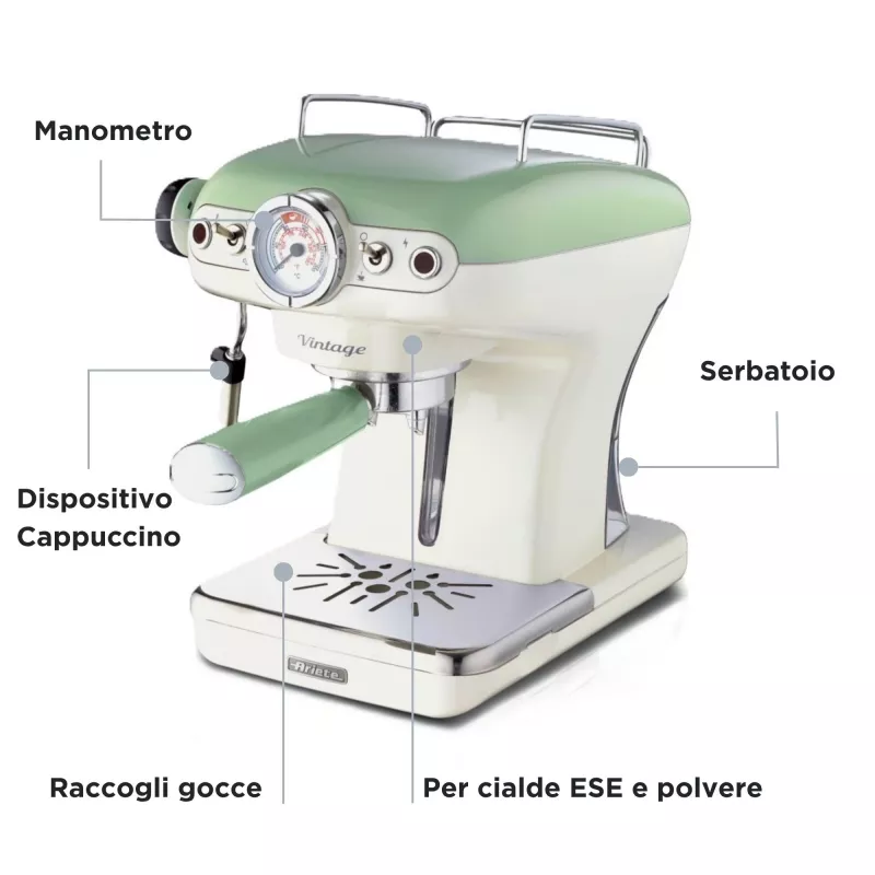 Ariete 1389 Vintage Espresso Coffee Machine - Espresso coffee machine for ground coffee or ESE pods, in a pastel green colour
