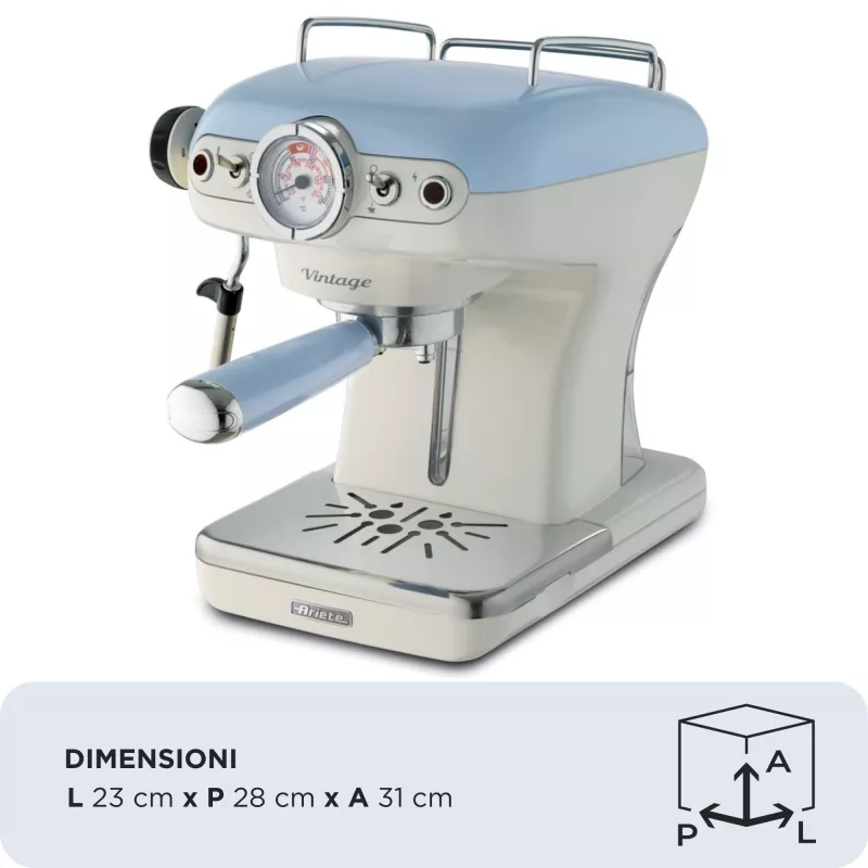 Ariete 1389 Vintage Espresso Coffee Machine - Espresso coffee machine for ground coffee or ESE pods, in a pastel blue colour