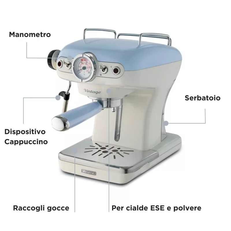 Ariete 1389 Vintage Espresso Coffee Machine - Espresso coffee machine for ground coffee or ESE pods, in a pastel blue colour